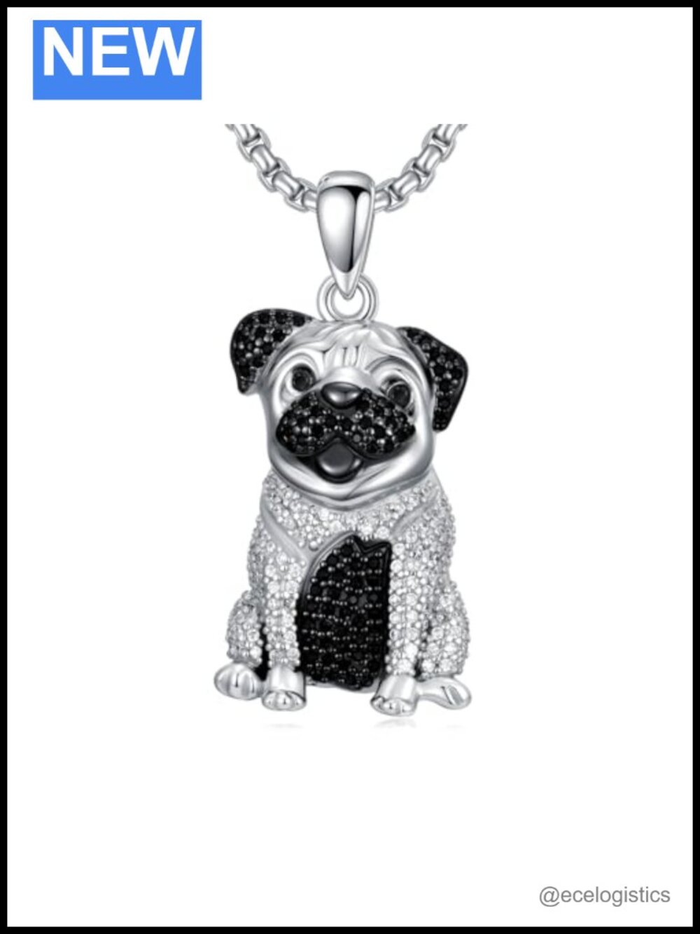 925 Sterling Silver Pug Dog Pendant Necklace Cubic Zirconia Pet Jewelry